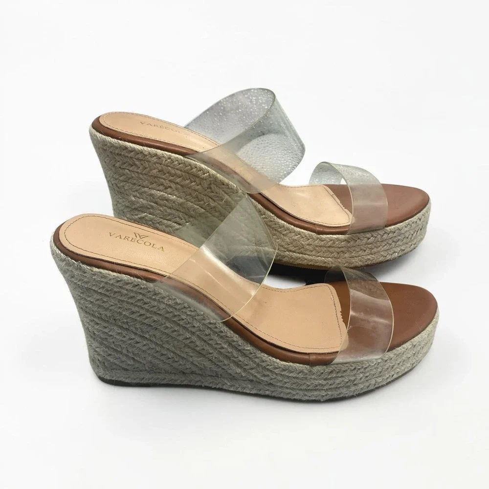 Varecola Clear Double Strap Espadrille Wedge Sandals Tan Jute Platform Mules